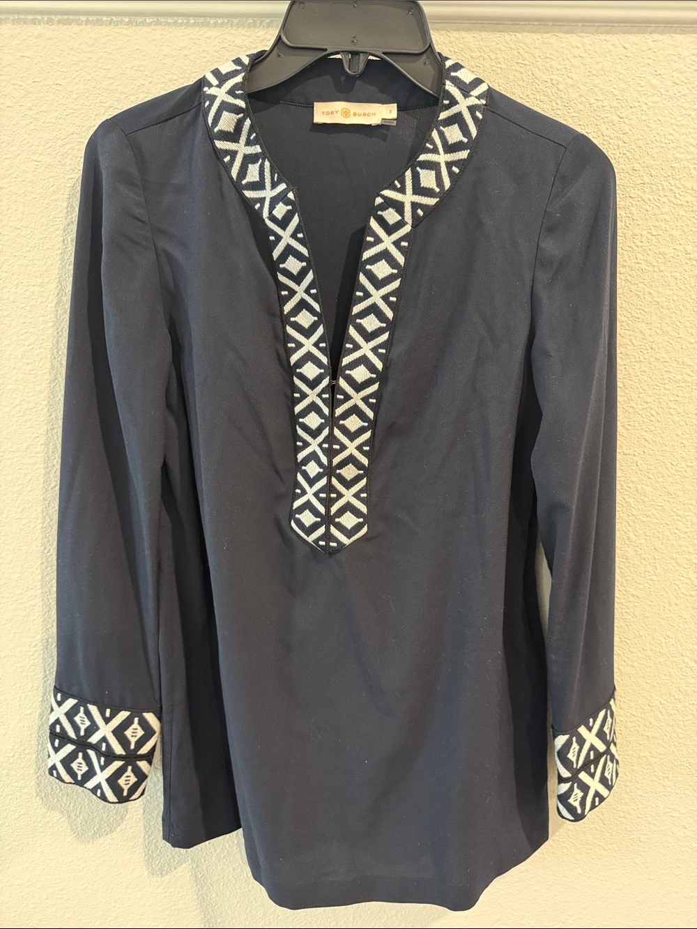 Tory Burch Navy Tunic with White Geometric Trim